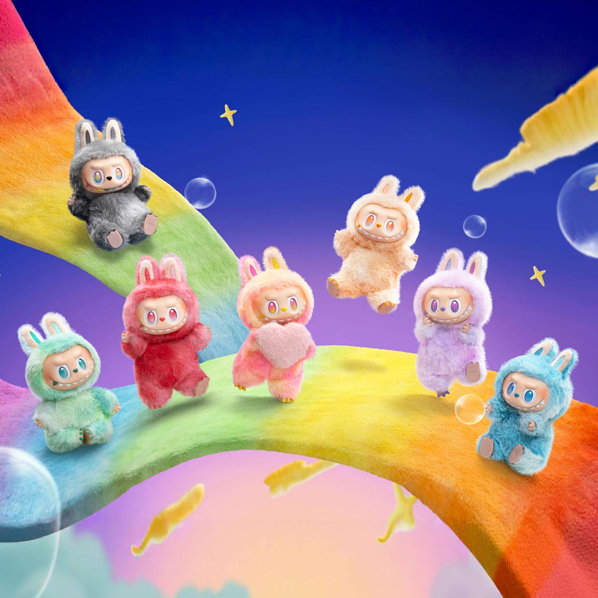 Colorful plush toys in bunny costumes on a rainbow with a starry sky background