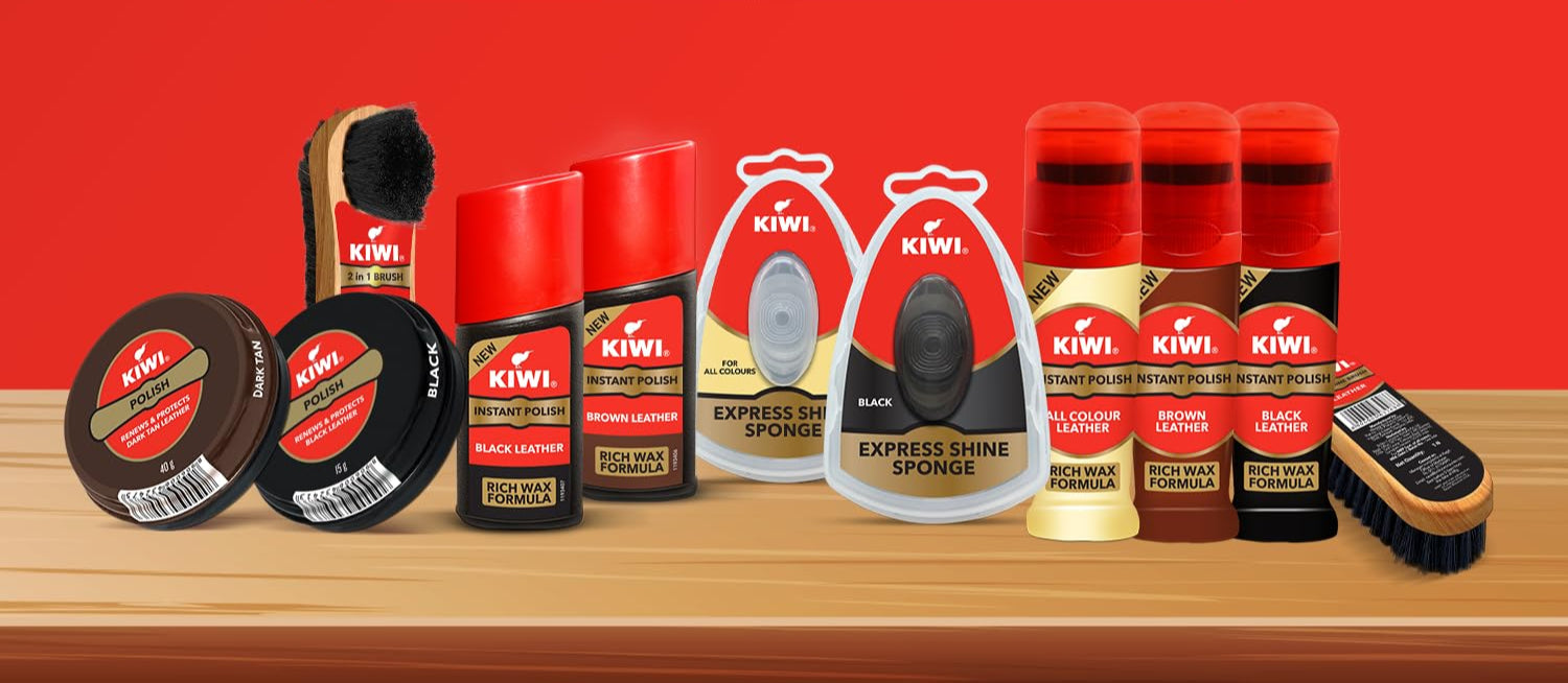 KIWI shoe care products with color options on a red background