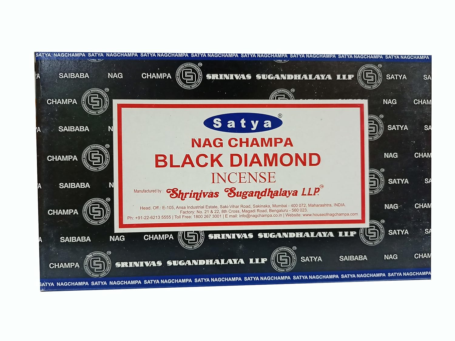 Satya Nag Champa Black Diamond Incense Sticks | Handmade Agarbatti | Long-Lasting 60 Min Burn | 180g Box (12 Packs) + Free Wooden Incense Holder