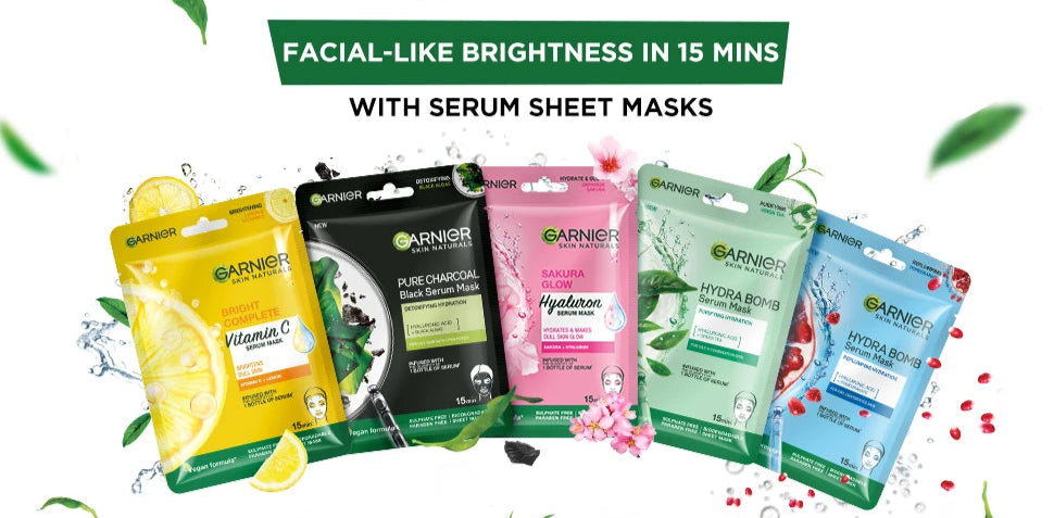 Garnier serum sheet masks with various colors and packaging designs on a white background.