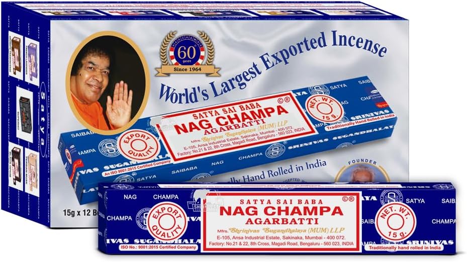 Satya Sai Baba Nag Champa Agarbatti | Original Hand-Rolled Incense Sticks | 12 Boxes × 15g | Meditation, Relaxation & Positivity