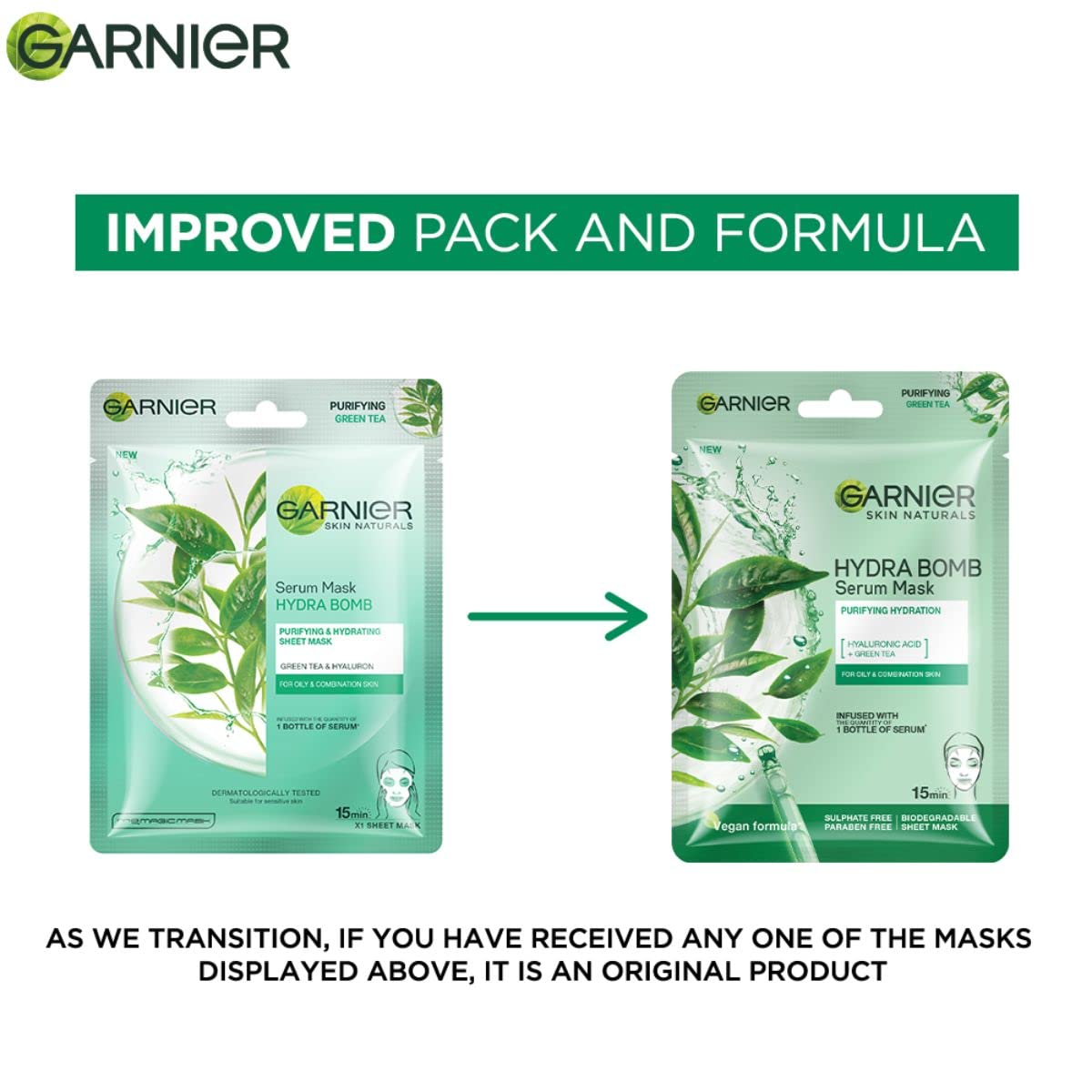 Garnier Skin Naturals Hydra Bomb Green Tea Serum Mask – Purifying & Pore Reducing (28g)