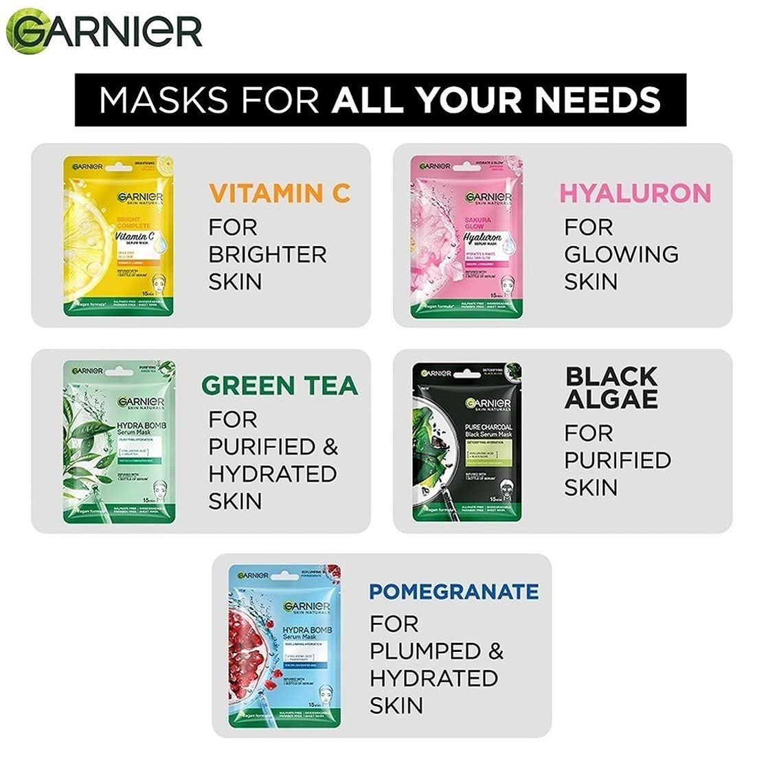 Garnier Skin Naturals Face Mask Set – Hydra Bomb & Black Serum Masks (10 pcs, 5 Types, 280g)