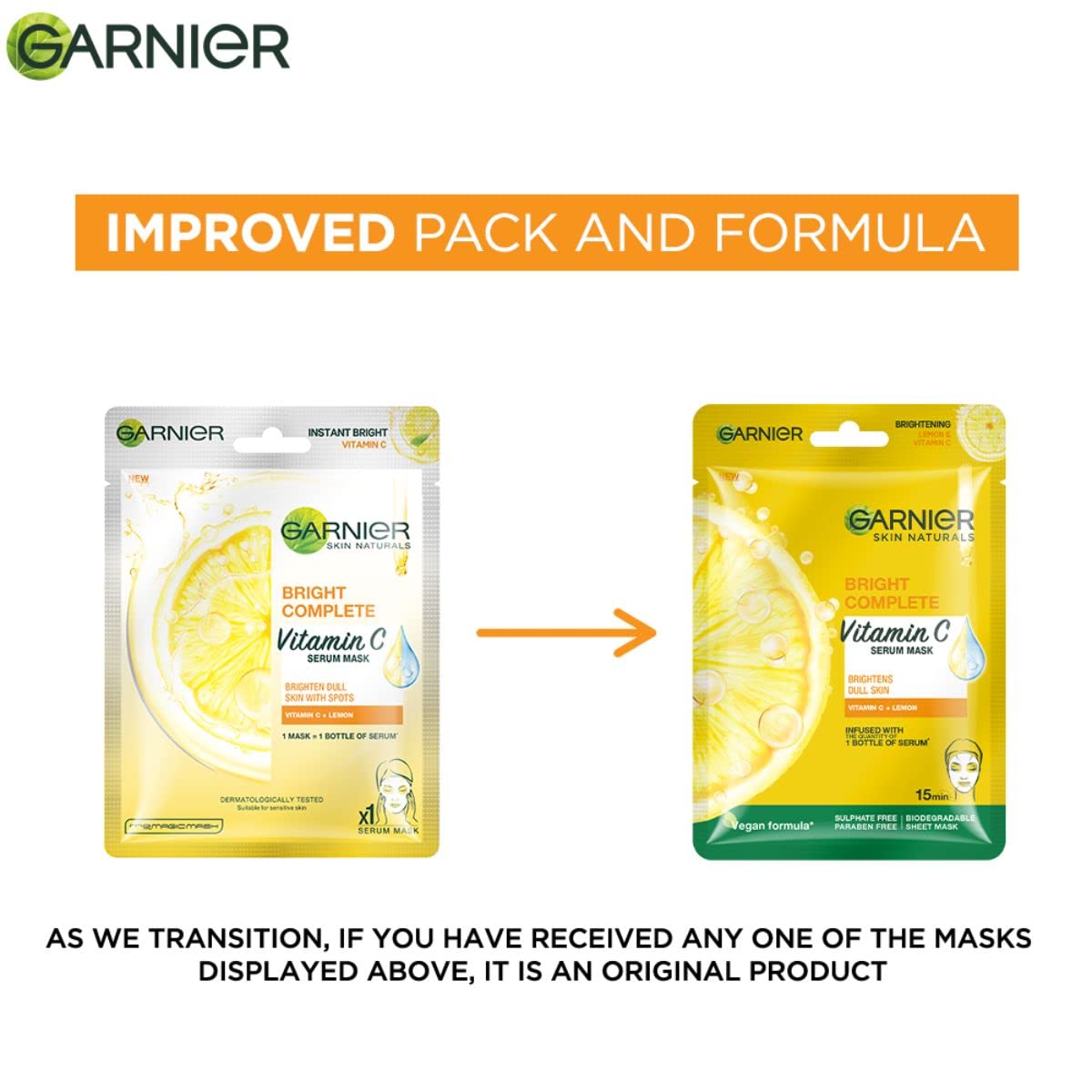 Garnier Skin Naturals Bright Complete Vitamin C Sheet Mask – Hydrating, Brightening & Anti-Dark Spots (28g)