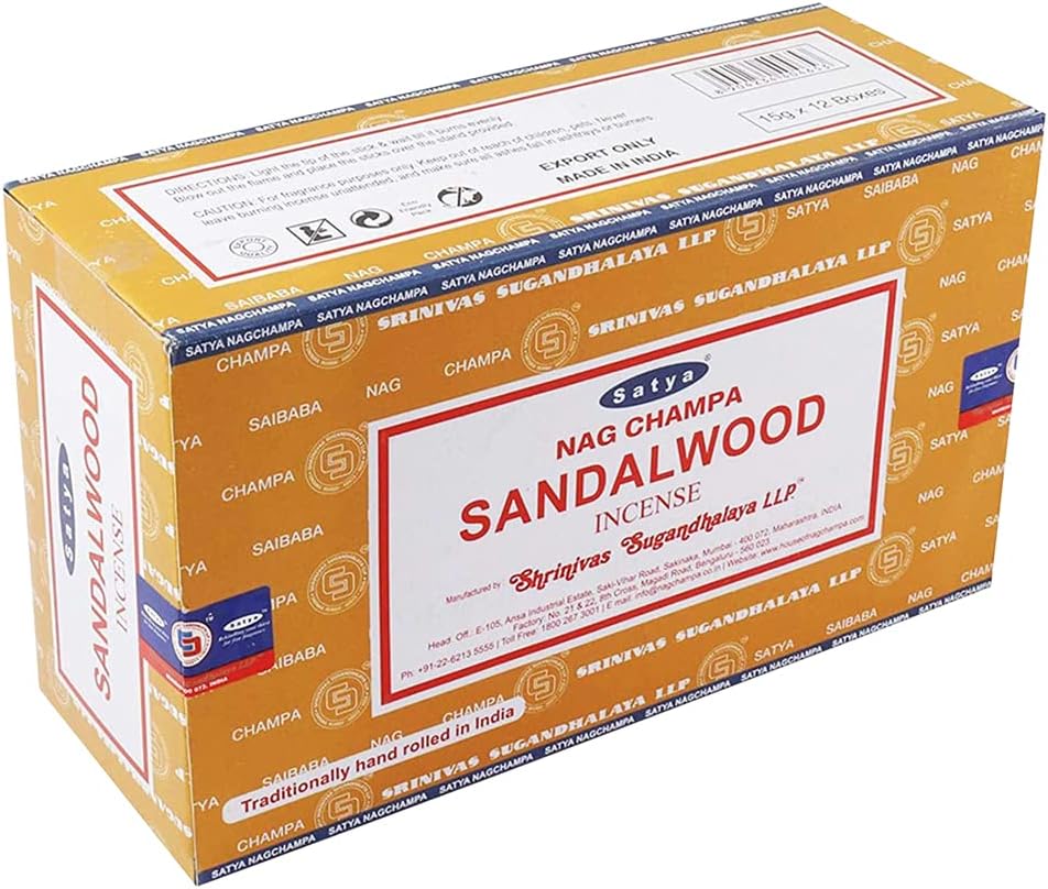 Satya Sandalwood Incense Sticks – 12 x 15g Pack (180g Total) – Hand-Rolled in India, Calming & Earthy Aroma