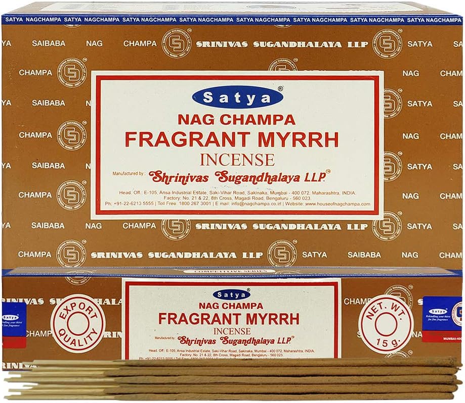 Satya Fragrant Myrrh Incense Sticks & Holder Bundle – 180 Sticks | Spiritual Smudging & Meditation Set | Handcrafted in India