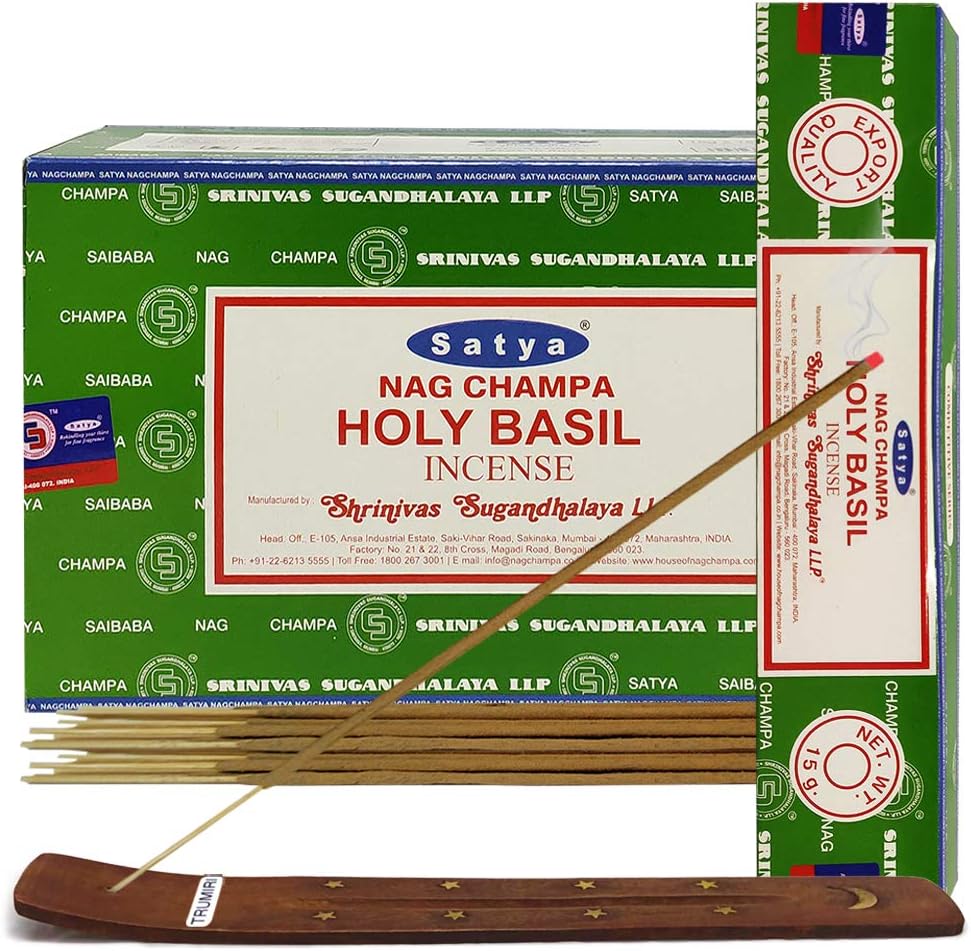 Holy Basil Incense Sticks & Holder Bundle – Satya Natural Tulsi Agarbatti for Meditation & Spiritual Cleansing