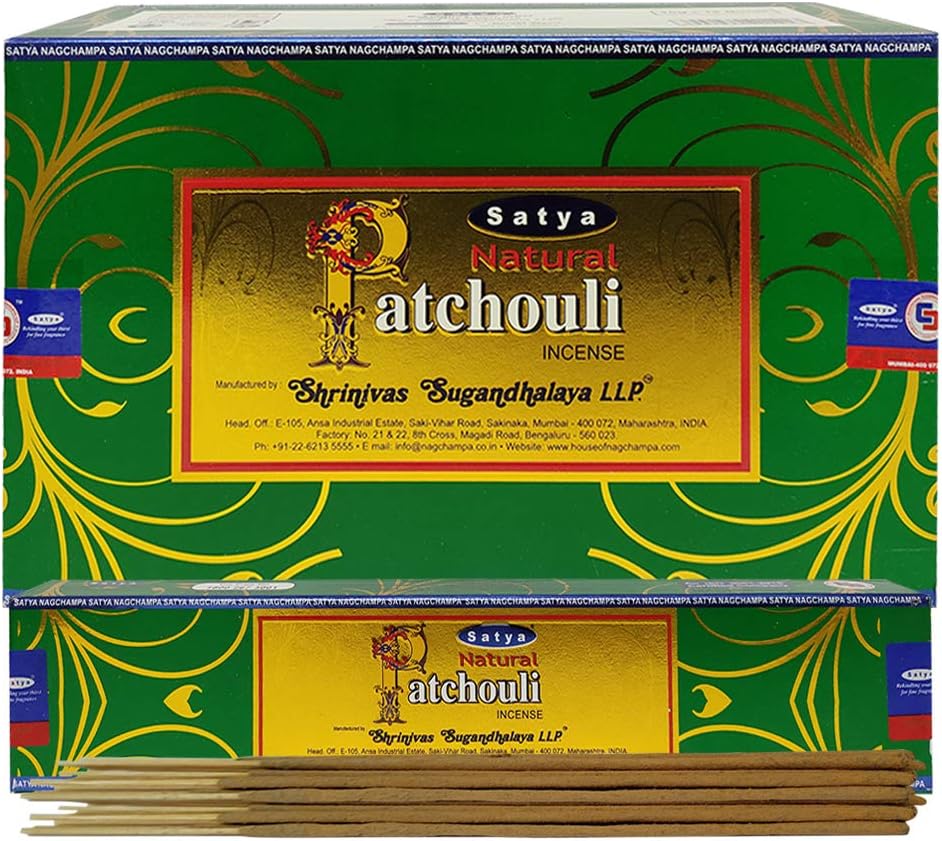 Satya Natural Patchouli Incense Sticks with Wooden Incense Holder | Handmade Agarbatti Bundle | 180 Sticks for Meditation, Smudging & Home Fragrance