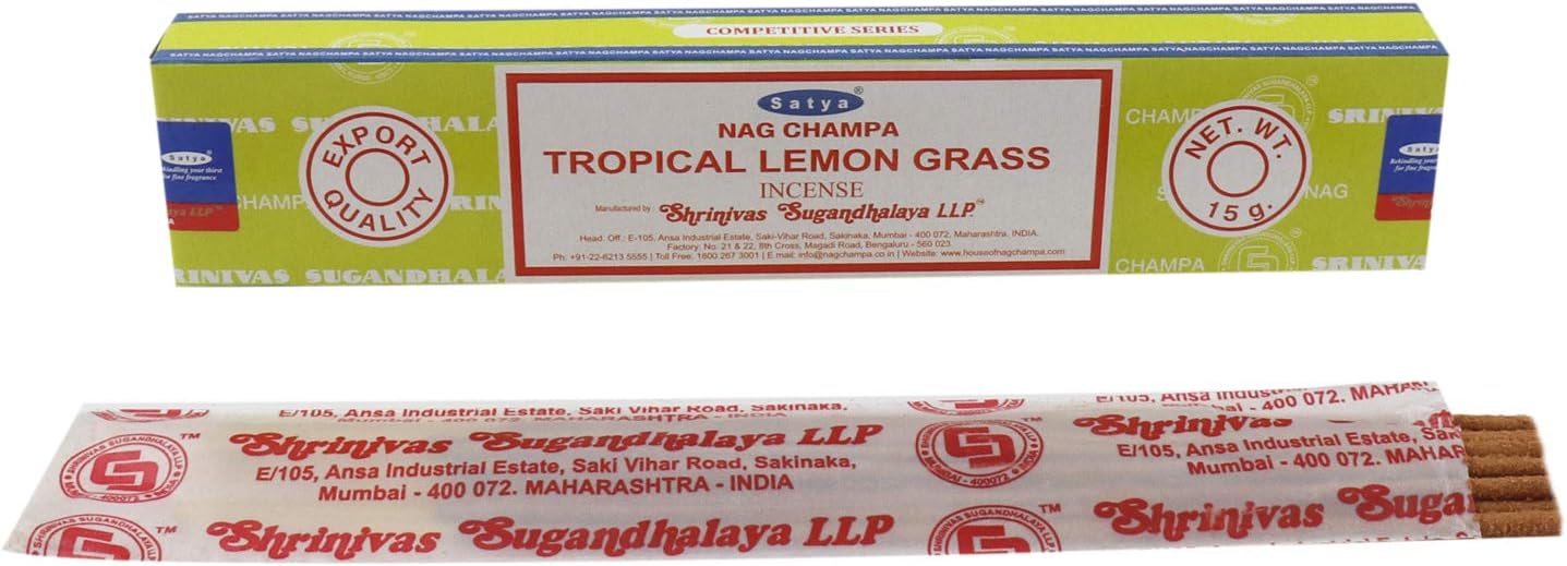 Sharvgun Satya Nag Champa Tropical Lemongrass Incense Sticks – 15g x 12 Pack (180g Total), Hand-Rolled, Aromatherapy & Home Fragrance
