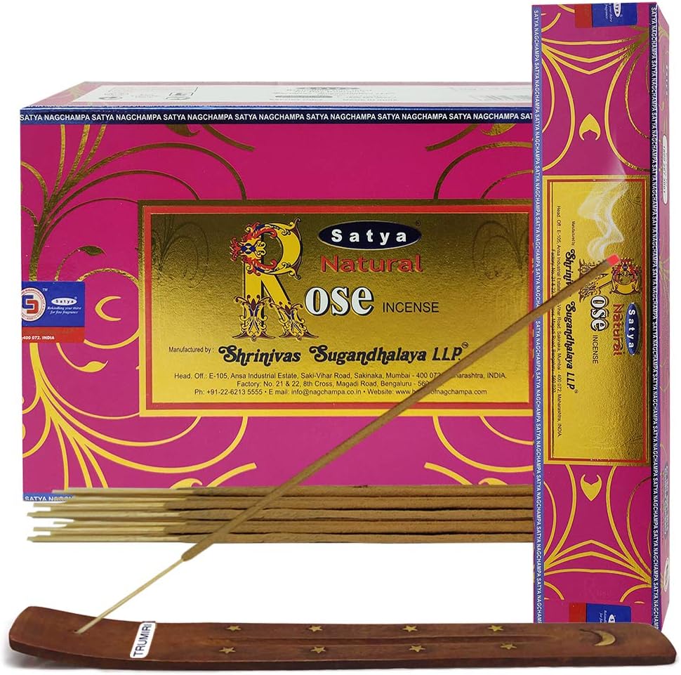 Satya Natural Rose Incense Sticks with Wooden Incense Holder | Handmade Agarbatti Bundle | 180 Sticks for Meditation, Smudging & Home Fragrance