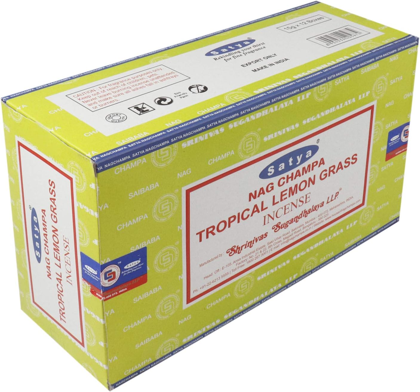 Sharvgun Satya Nag Champa Tropical Lemongrass Incense Sticks – 15g x 12 Pack (180g Total), Hand-Rolled, Aromatherapy & Home Fragrance