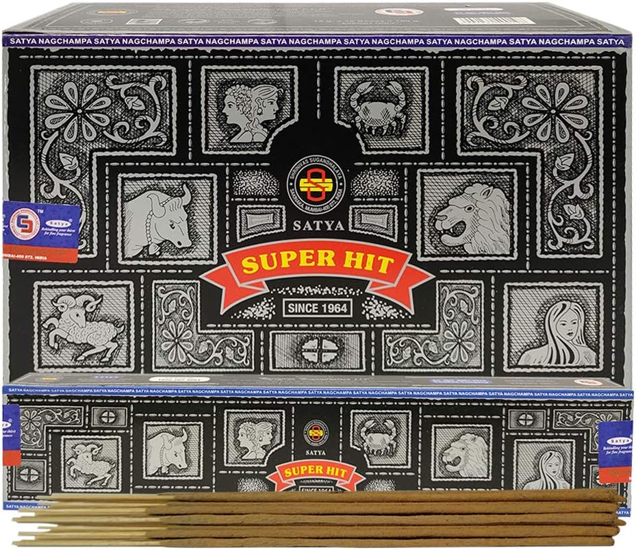 Satya Super Hit Incense Sticks & Holder Bundle – 12 x 15g Packs (180 Sticks) | Hand-Rolled in India | Smudging & Meditation Kit