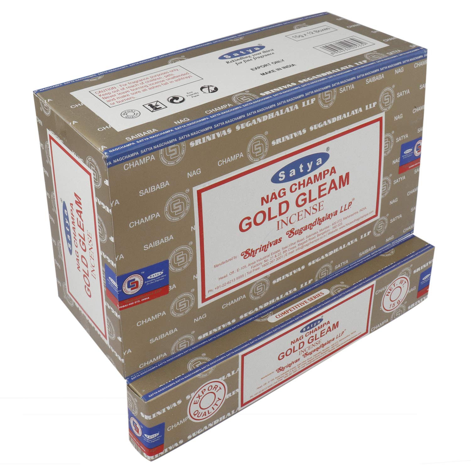 Satya Nag Champa Gold Gleam Incense Sticks | Handmade Agarbatti | Long-Lasting 60 Min Burn | 180g Box (12 Packs) + Free Wooden Incense Holder