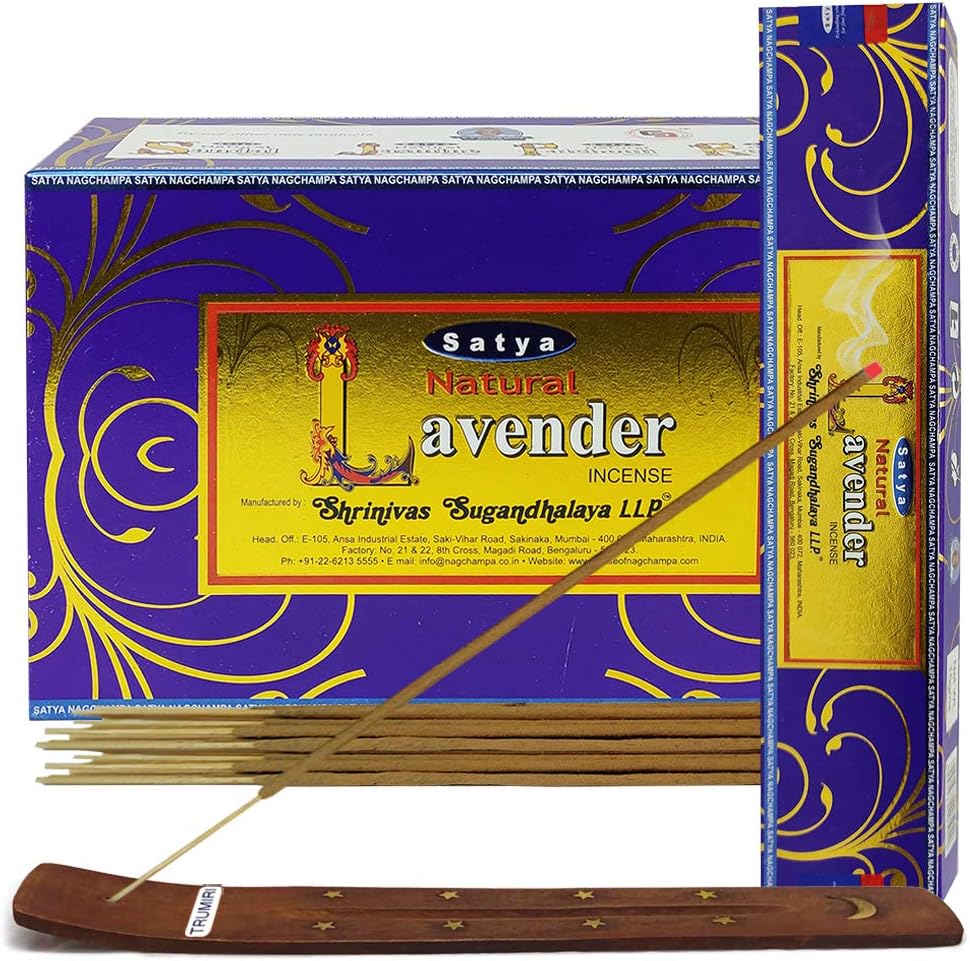 Satya Natural Lavender Incense Sticks with Wooden Incense Holder | Handmade Agarbatti Bundle | 180 Sticks for Meditation, Relaxation & Home Fragrance