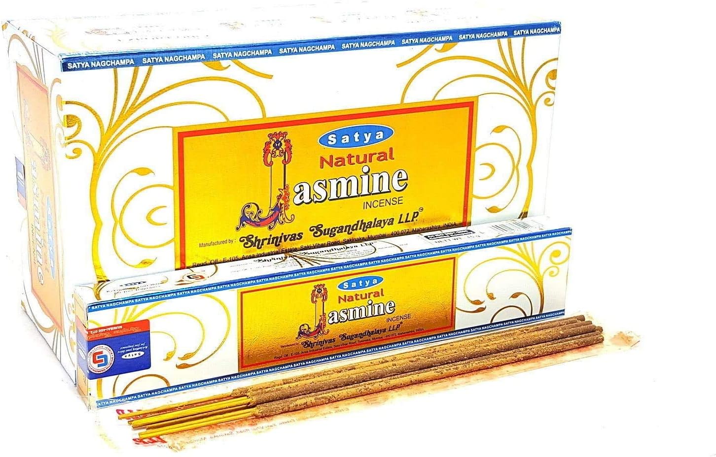 Satya Sai Baba Natural Jasmine Incense Sticks | Handmade Agarbatti | Floral Long-Lasting Fragrance | 180g Box (12 Packs × 15g)
