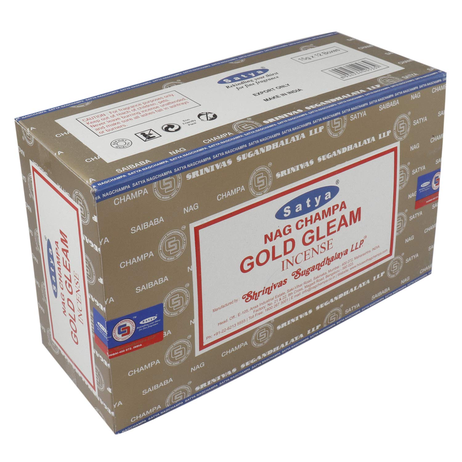 Satya Nag Champa Gold Gleam Incense Sticks | Handmade Agarbatti | Long-Lasting 60 Min Burn | 180g Box (12 Packs) + Free Wooden Incense Holder