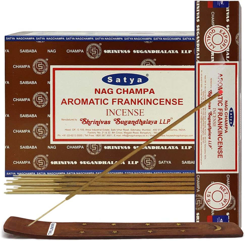 Satya Frankincense Incense Sticks & Holder Bundle – 180 Sticks Aromatherapy Kit, Hand-Rolled in India