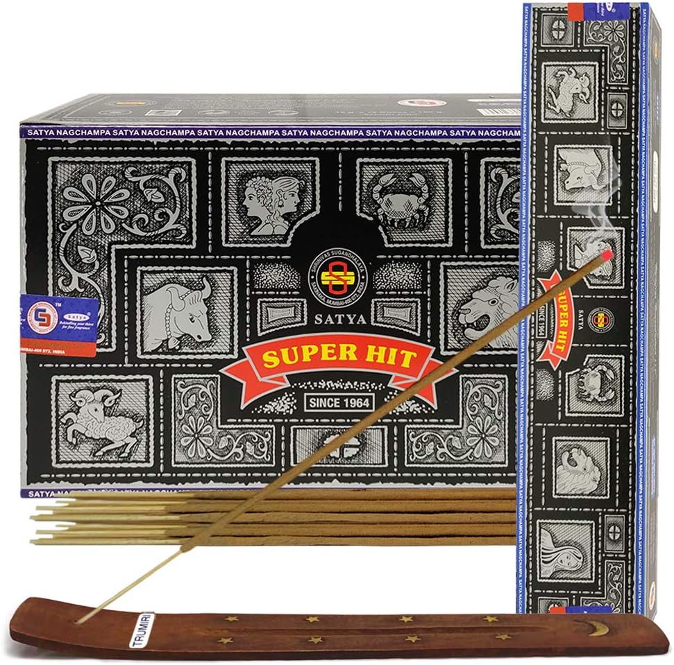 Satya Super Hit Incense Sticks & Holder Bundle – 12 x 15g Packs (180 Sticks) | Hand-Rolled in India | Smudging & Meditation Kit