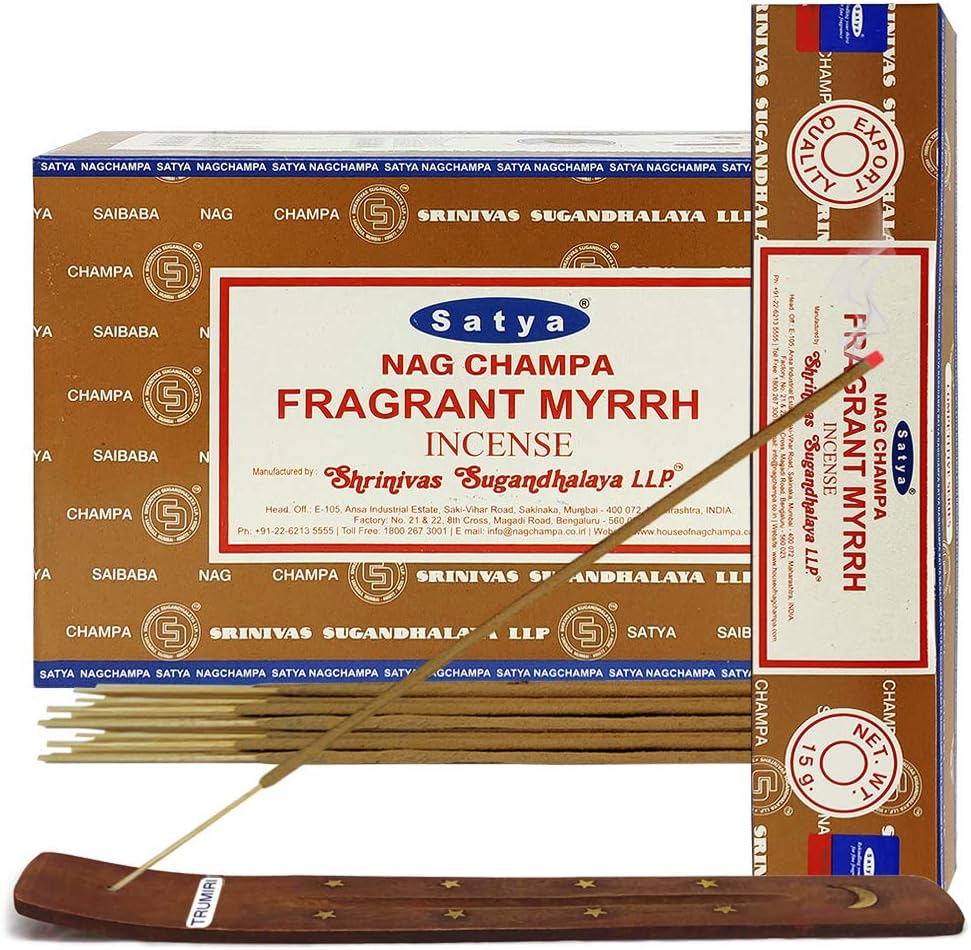 Satya Fragrant Myrrh Incense Sticks & Holder Bundle – 180 Sticks | Spiritual Smudging & Meditation Set | Handcrafted in India