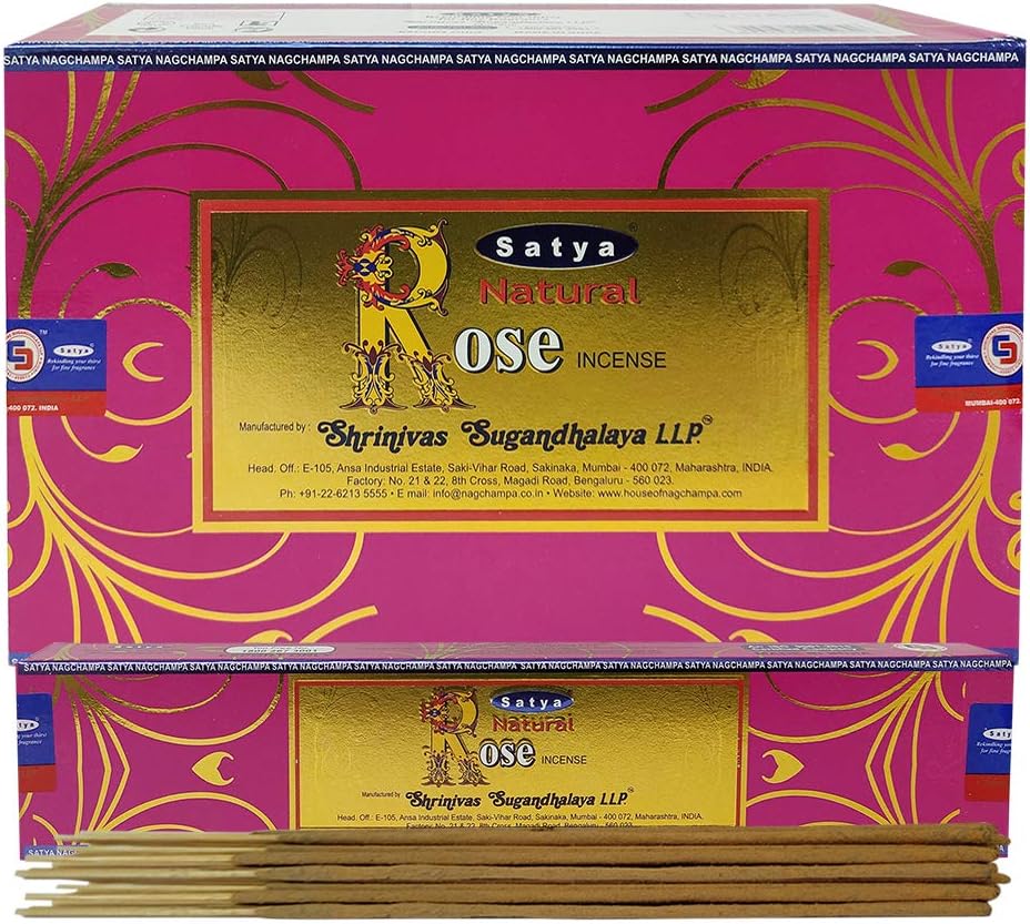 Satya Natural Rose Incense Sticks with Wooden Incense Holder | Handmade Agarbatti Bundle | 180 Sticks for Meditation, Smudging & Home Fragrance