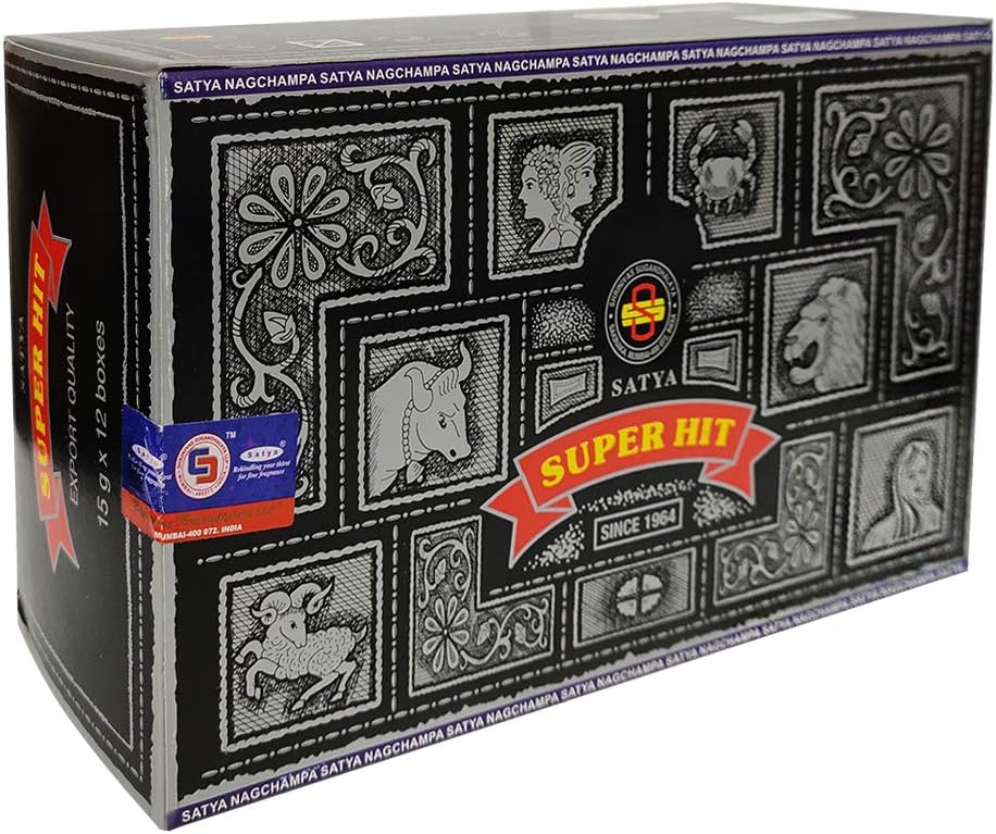Satya Super Hit Incense Sticks & Holder Bundle – 12 x 15g Packs (180 Sticks) | Hand-Rolled in India | Smudging & Meditation Kit
