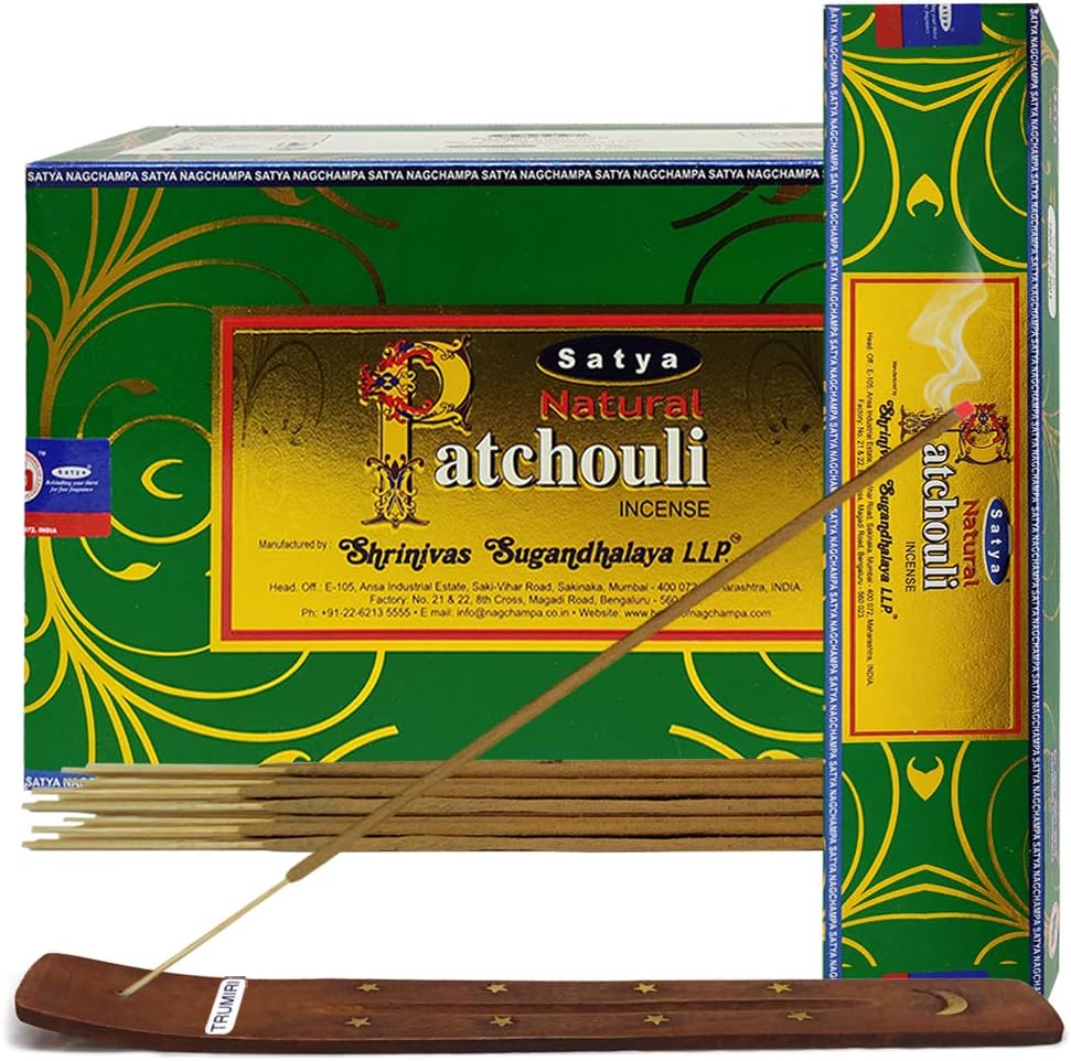 Satya Natural Patchouli Incense Sticks with Wooden Incense Holder | Handmade Agarbatti Bundle | 180 Sticks for Meditation, Smudging & Home Fragrance