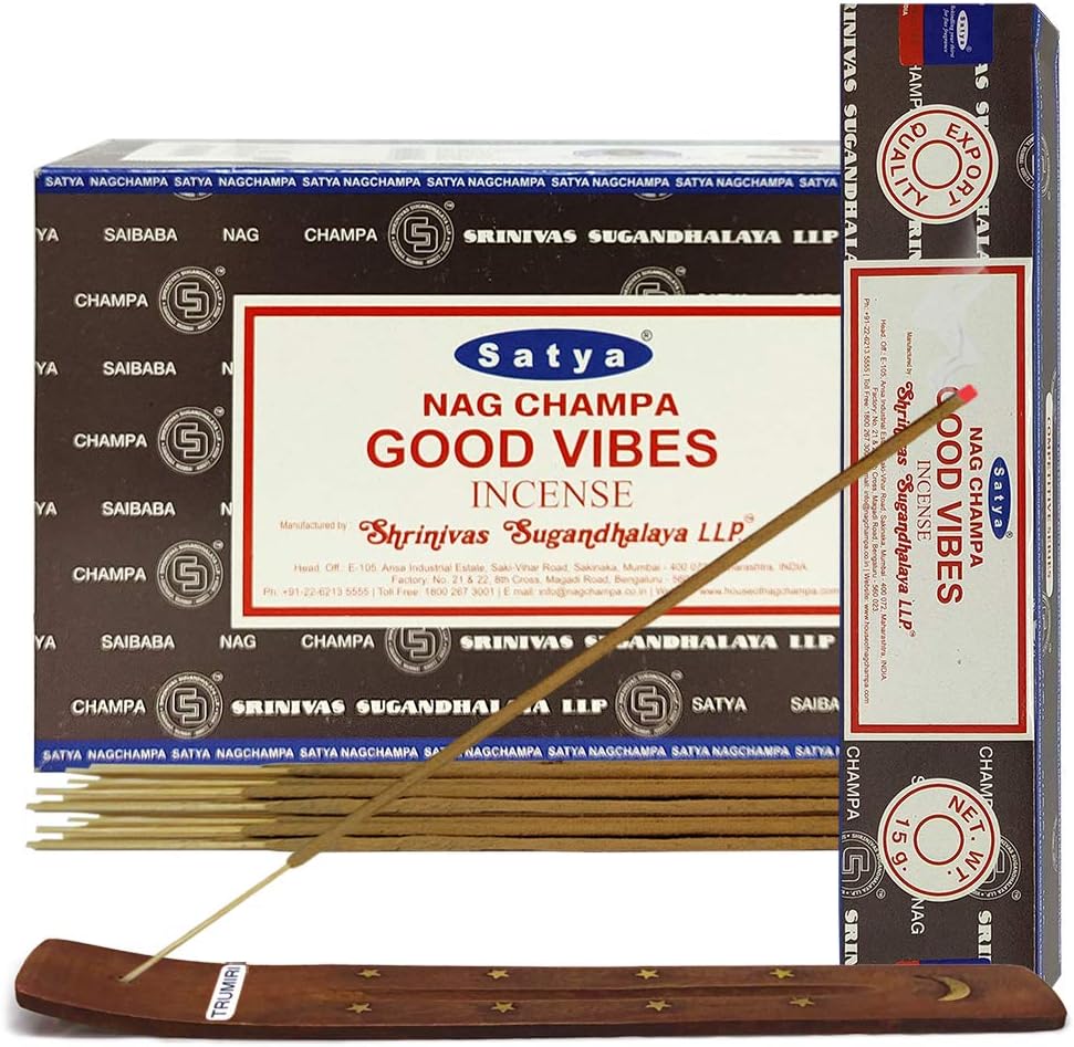 Good Vibes Incense Sticks & Holder Bundle – Satya Spiritual Aromatic Kit for Smudging & Meditation