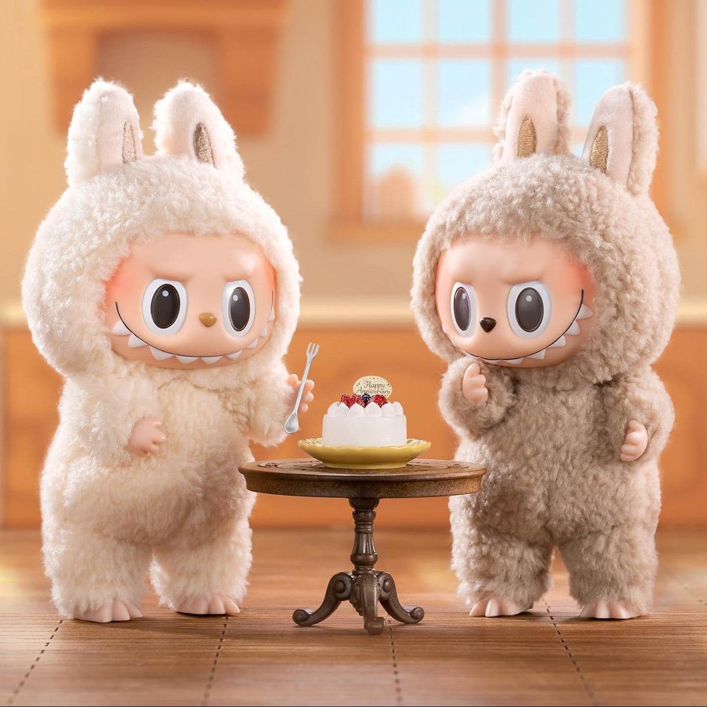 Two plush toys in bunny costumes standing next to a small table with a cake on it, in a room setting.