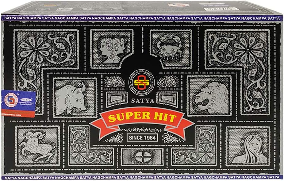Satya Super Hit Incense Sticks & Holder Bundle – 12 x 15g Packs (180 Sticks) | Hand-Rolled in India | Smudging & Meditation Kit