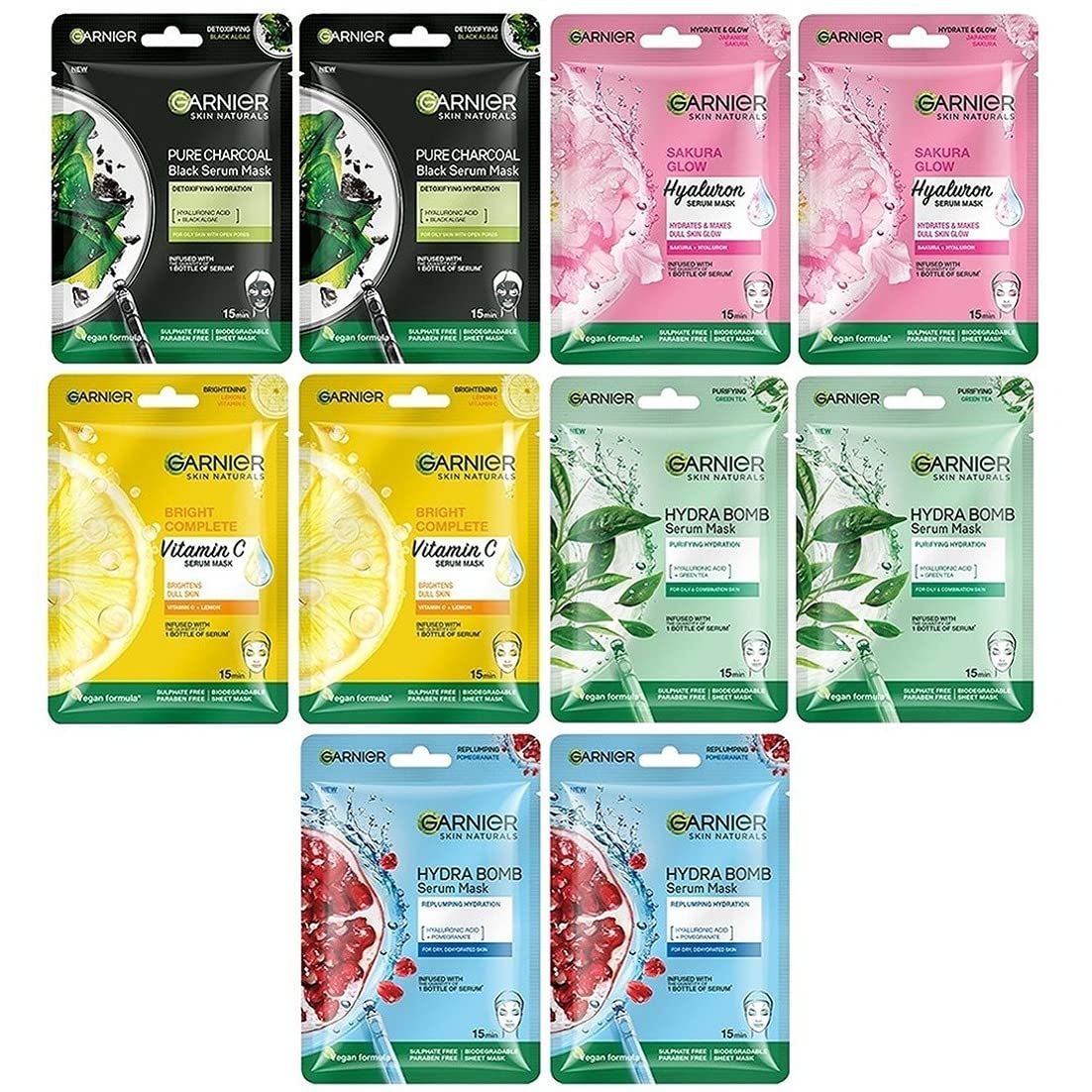 Garnier Skin Naturals Face Mask Set – Hydra Bomb & Black Serum Masks (10 pcs, 5 Types, 280g)