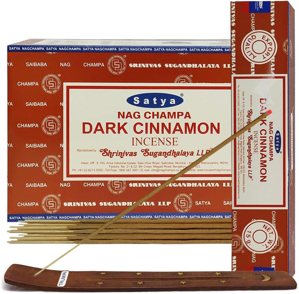 Dark Cinnamon Incense Sticks & Holder Bundle – Satya Herbal Incense Kit for Smudging & Meditation