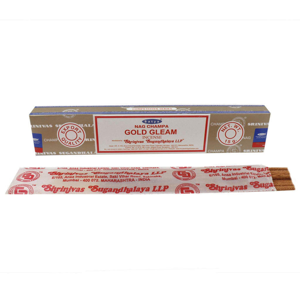 Satya Nag Champa Gold Gleam Incense Sticks | Handmade Agarbatti | Long-Lasting 60 Min Burn | 180g Box (12 Packs) + Free Wooden Incense Holder