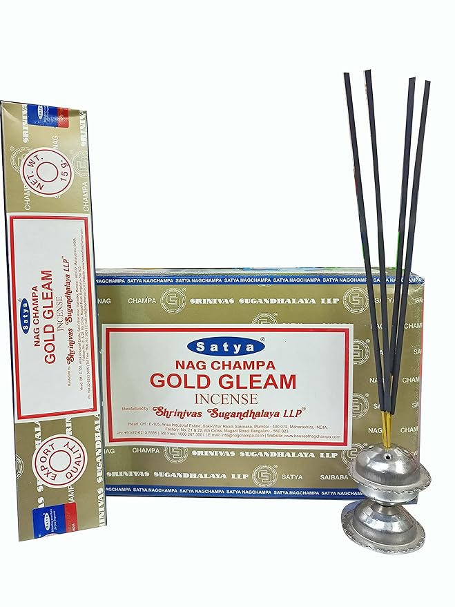 Satya Nag Champa Gold Gleam Incense Sticks | Handmade Agarbatti | Long-Lasting 60 Min Burn | 180g Box (12 Packs) + Free Wooden Incense Holder