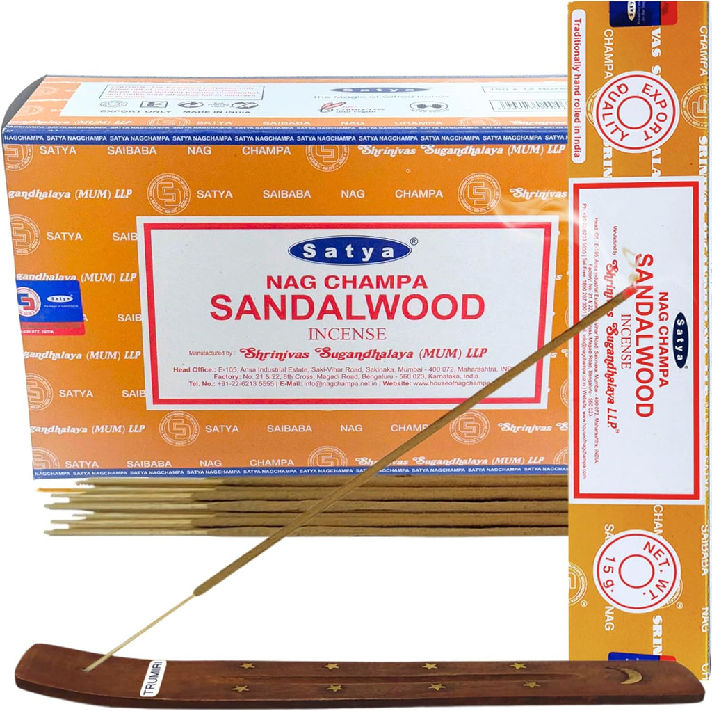 Satya Sandalwood Incense Sticks – 12 x 15g Pack (180g Total) – Hand-Rolled in India, Calming & Earthy Aroma