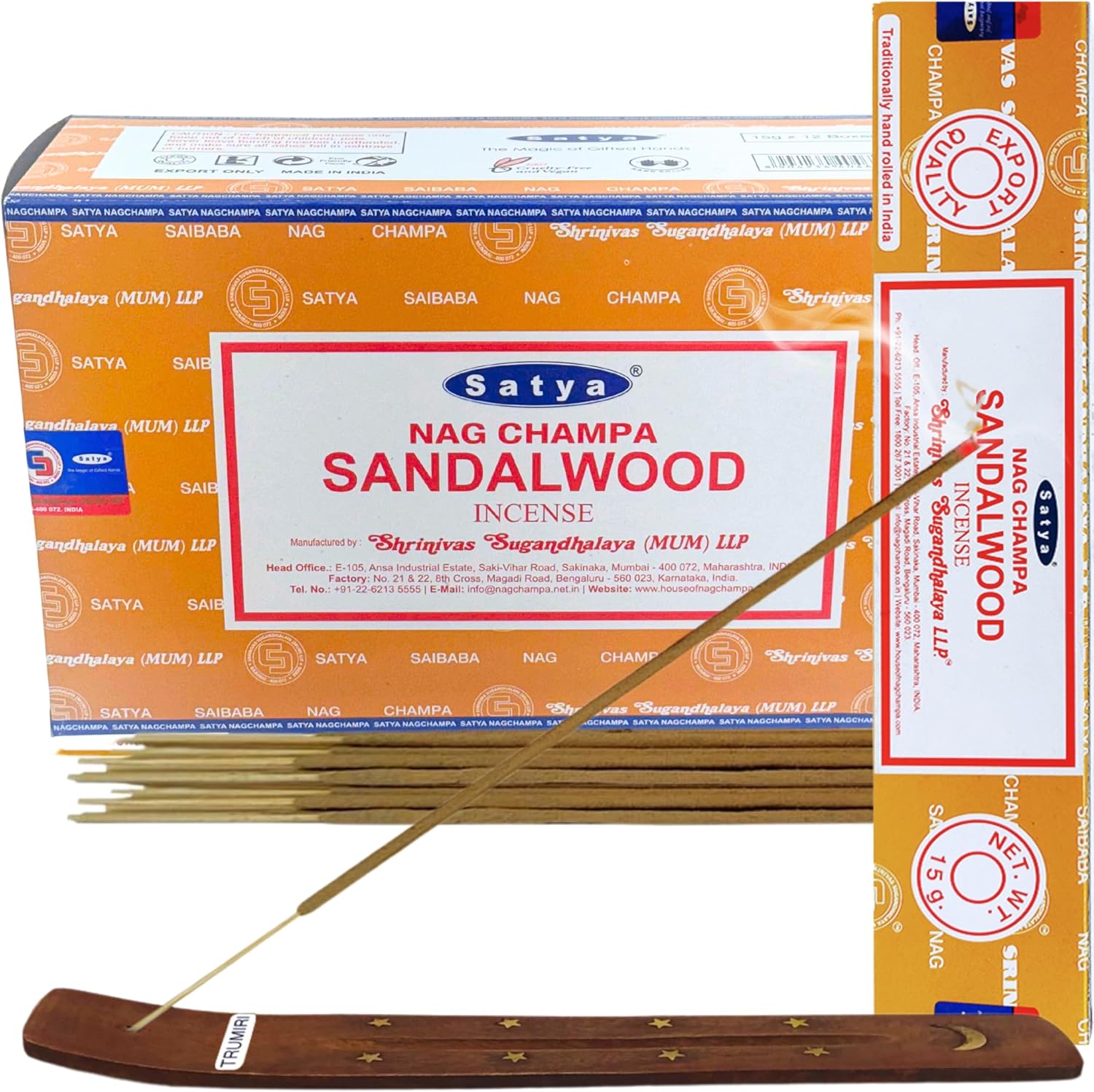 Satya Sandalwood Incense Sticks – 12 x 15g Pack (180g Total) – Hand-Rolled in India, Calming & Earthy Aroma
