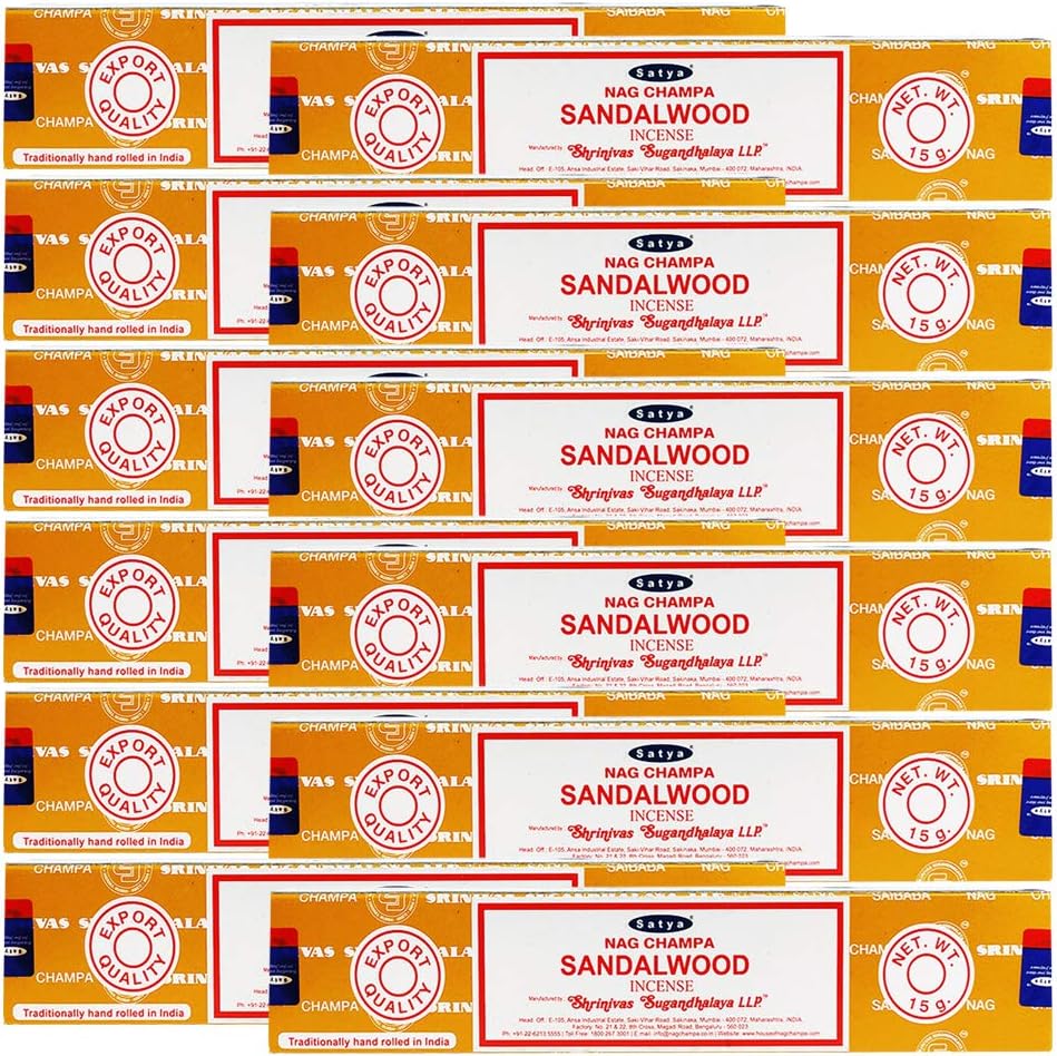 Satya Sandalwood Incense Sticks – 12 x 15g Pack (180g Total) – Hand-Rolled in India, Calming & Earthy Aroma