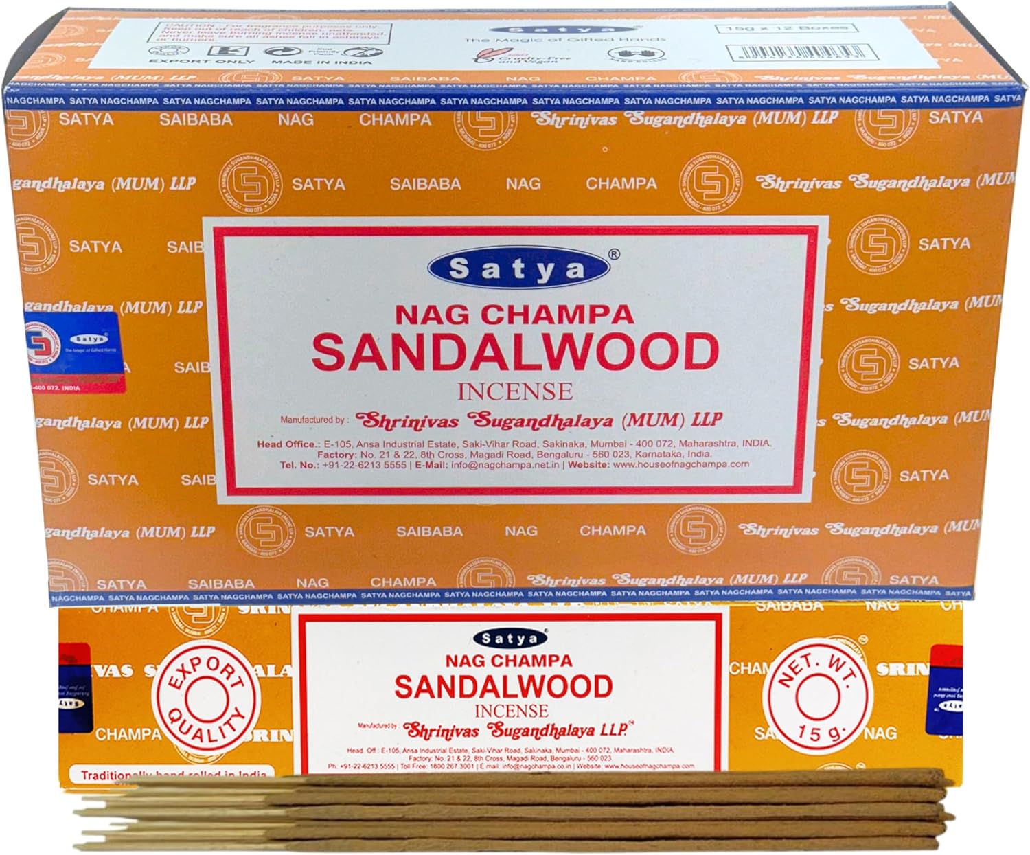 Satya Sandalwood Incense Sticks – 12 x 15g Pack (180g Total) – Hand-Rolled in India, Calming & Earthy Aroma