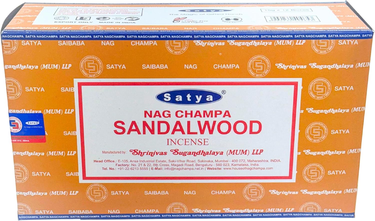 Satya Sandalwood Incense Sticks – 12 x 15g Pack (180g Total) – Hand-Rolled in India, Calming & Earthy Aroma