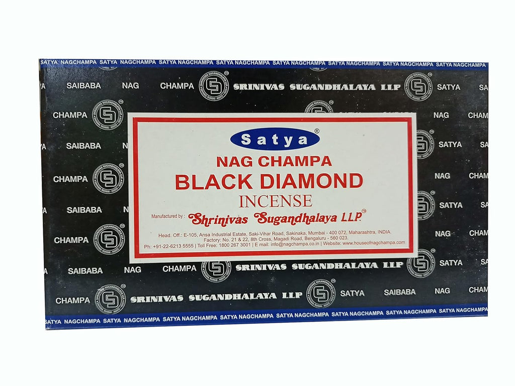 Satya Nag Champa Black Diamond Incense Sticks | Handmade Agarbatti | Long-Lasting 60 Min Burn | 180g Box (12 Packs) + Free Wooden Incense Holder