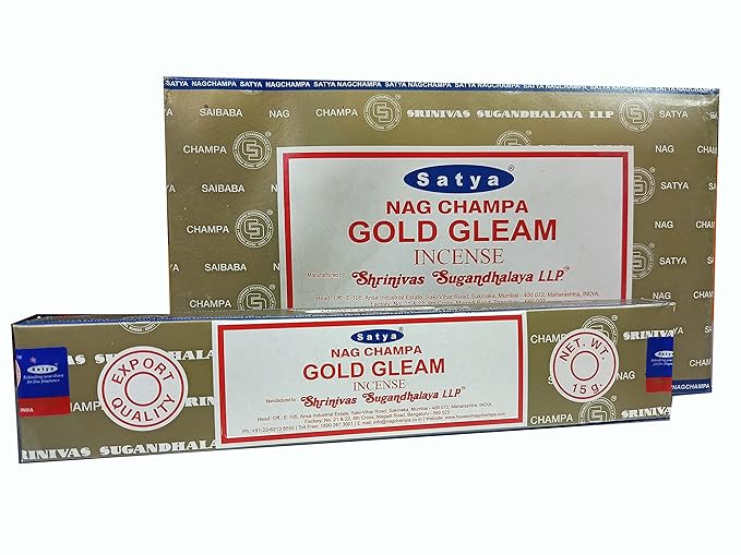 Satya Nag Champa Gold Gleam Incense Sticks | Handmade Agarbatti | Long-Lasting 60 Min Burn | 180g Box (12 Packs) + Free Wooden Incense Holder