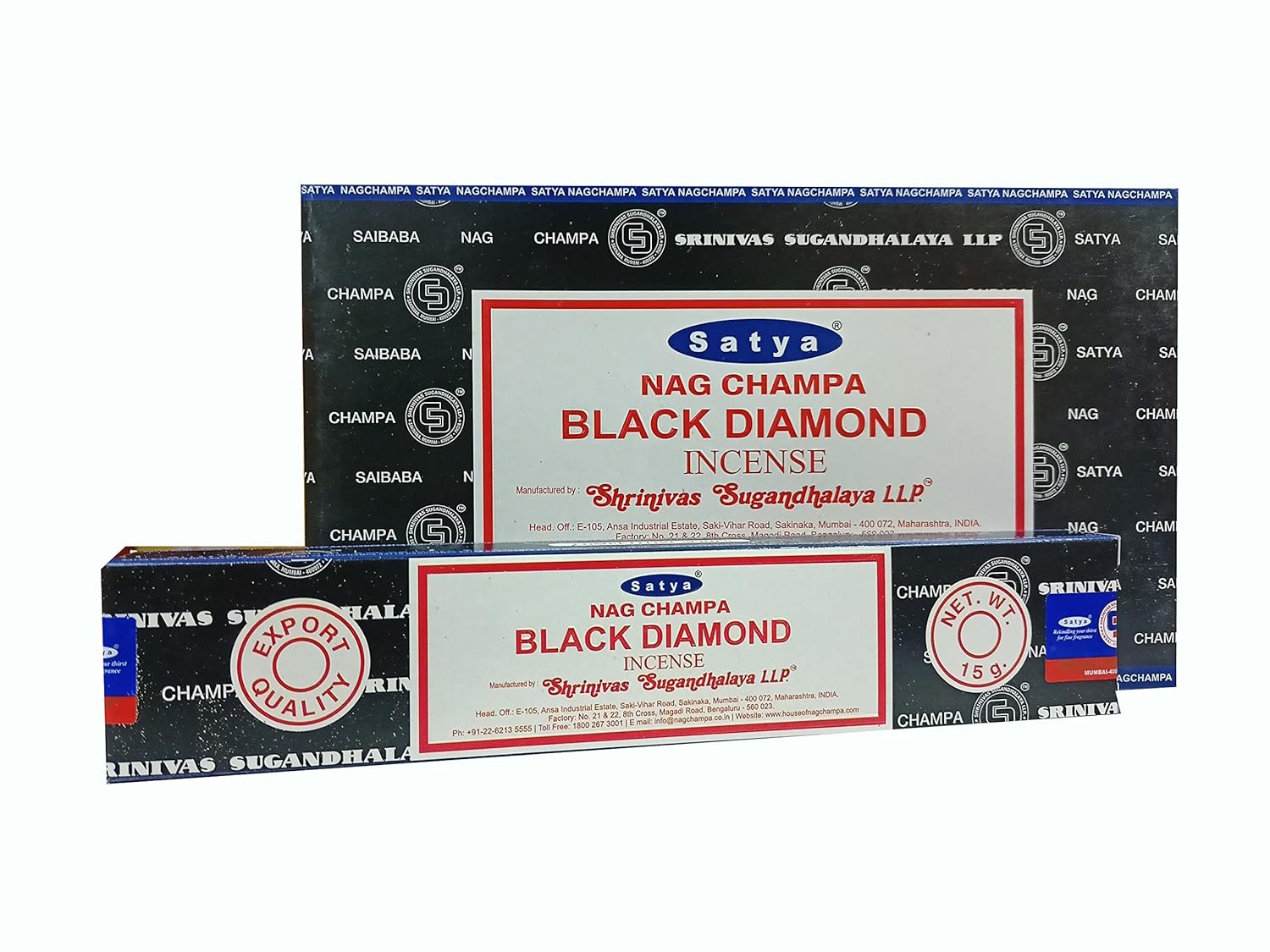 Satya Nag Champa Black Diamond Incense Sticks | Handmade Agarbatti | Long-Lasting 60 Min Burn | 180g Box (12 Packs) + Free Wooden Incense Holder