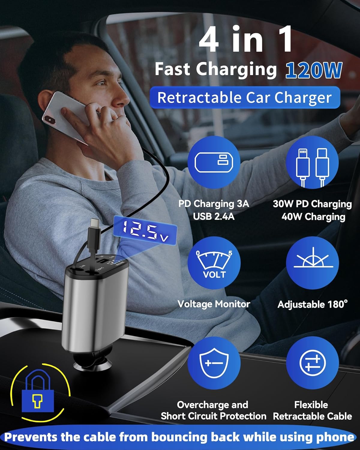 120W Super Fast 4-in-1 Retractable Car Charger | Dual USB & Built-in Cables | PD + QC 3.0 Fast Charging Adapter for iPhone, Samsung, iPad, and More