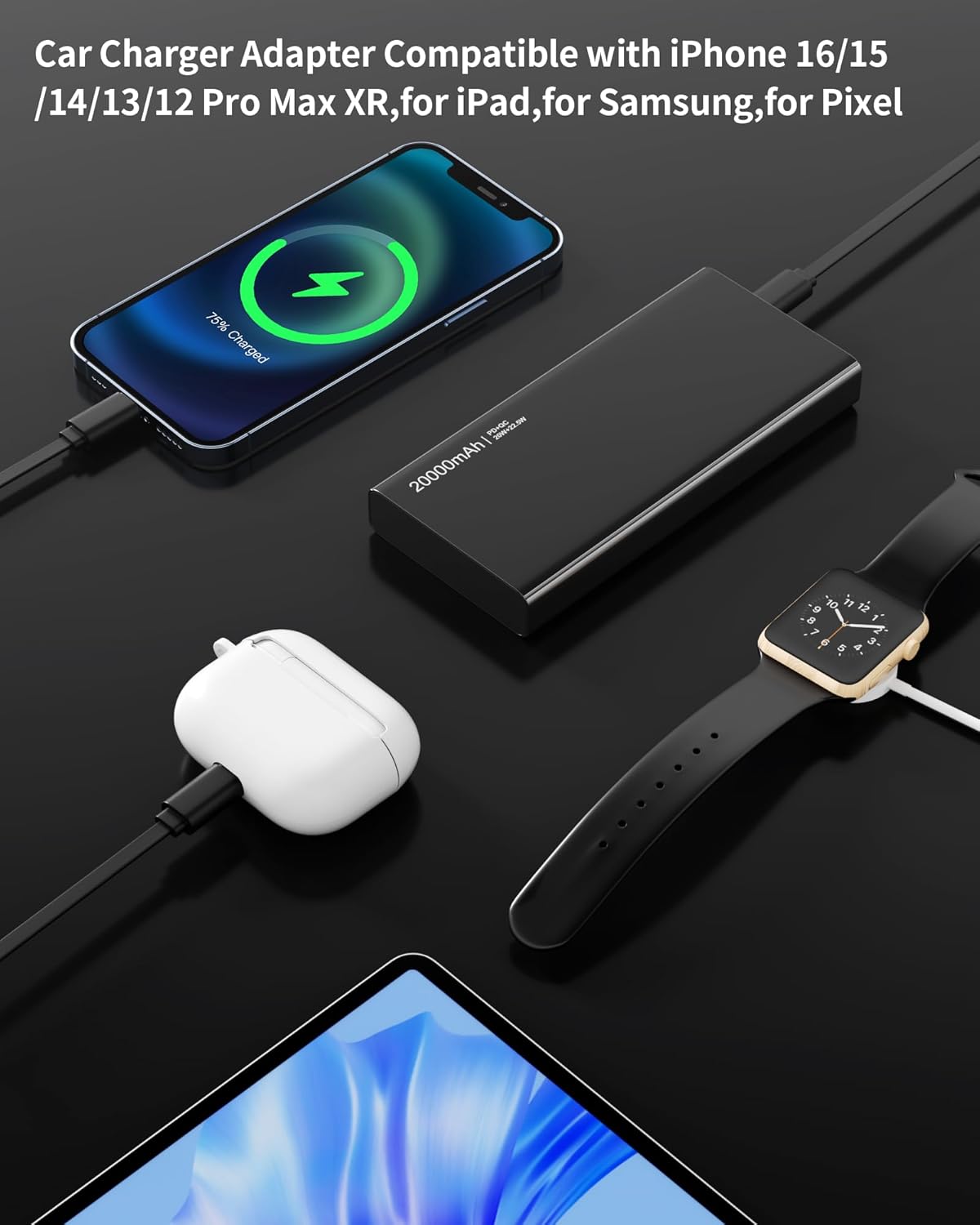 120W Super Fast 4-in-1 Retractable Car Charger | Dual USB & Built-in Cables | PD + QC 3.0 Fast Charging Adapter for iPhone, Samsung, iPad, and More