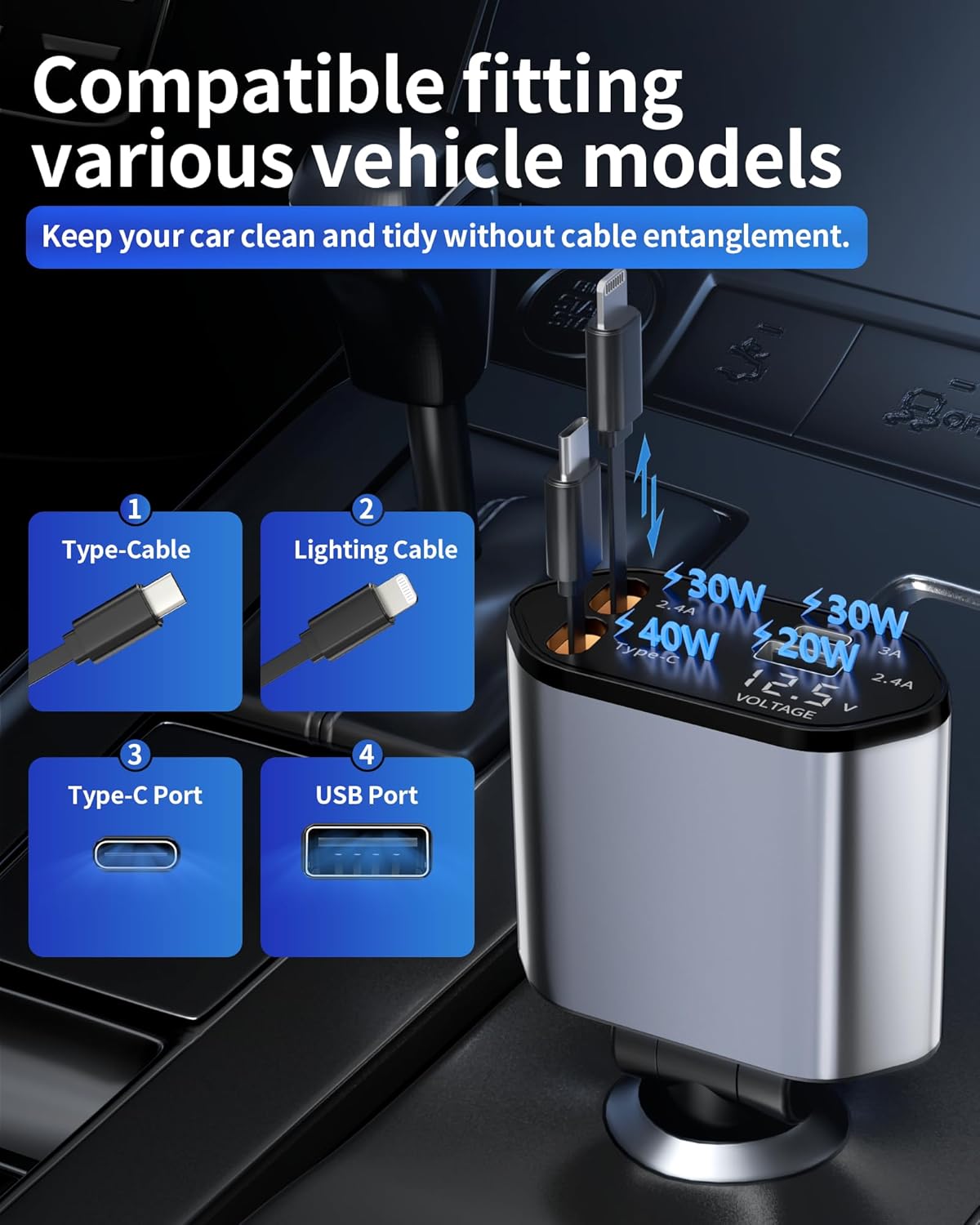 120W Super Fast 4-in-1 Retractable Car Charger | Dual USB & Built-in Cables | PD + QC 3.0 Fast Charging Adapter for iPhone, Samsung, iPad, and More