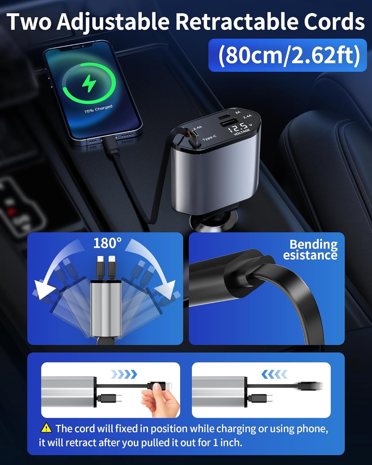120W Super Fast 4-in-1 Retractable Car Charger | Dual USB & Built-in Cables | PD + QC 3.0 Fast Charging Adapter for iPhone, Samsung, iPad, and More